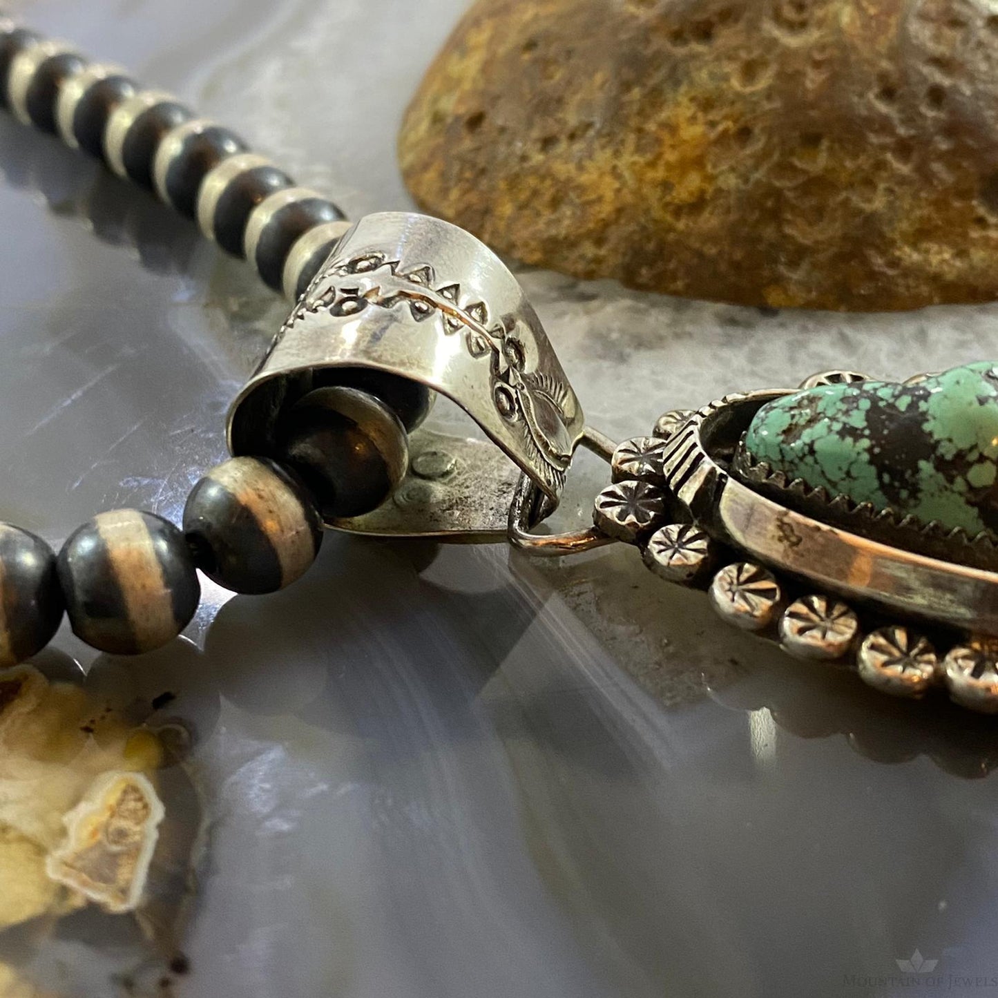 Native American Sterling Silver Green Kingman Turquoise Decorated Pendant