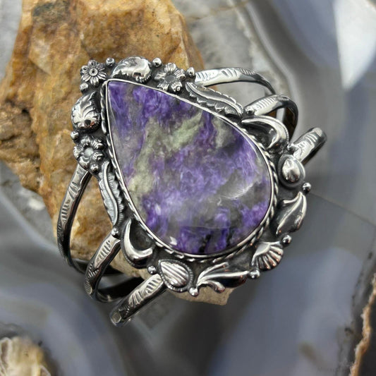 Sterling Silver Southwestern Style Large Teardrop Charoite Bracelet For Women
