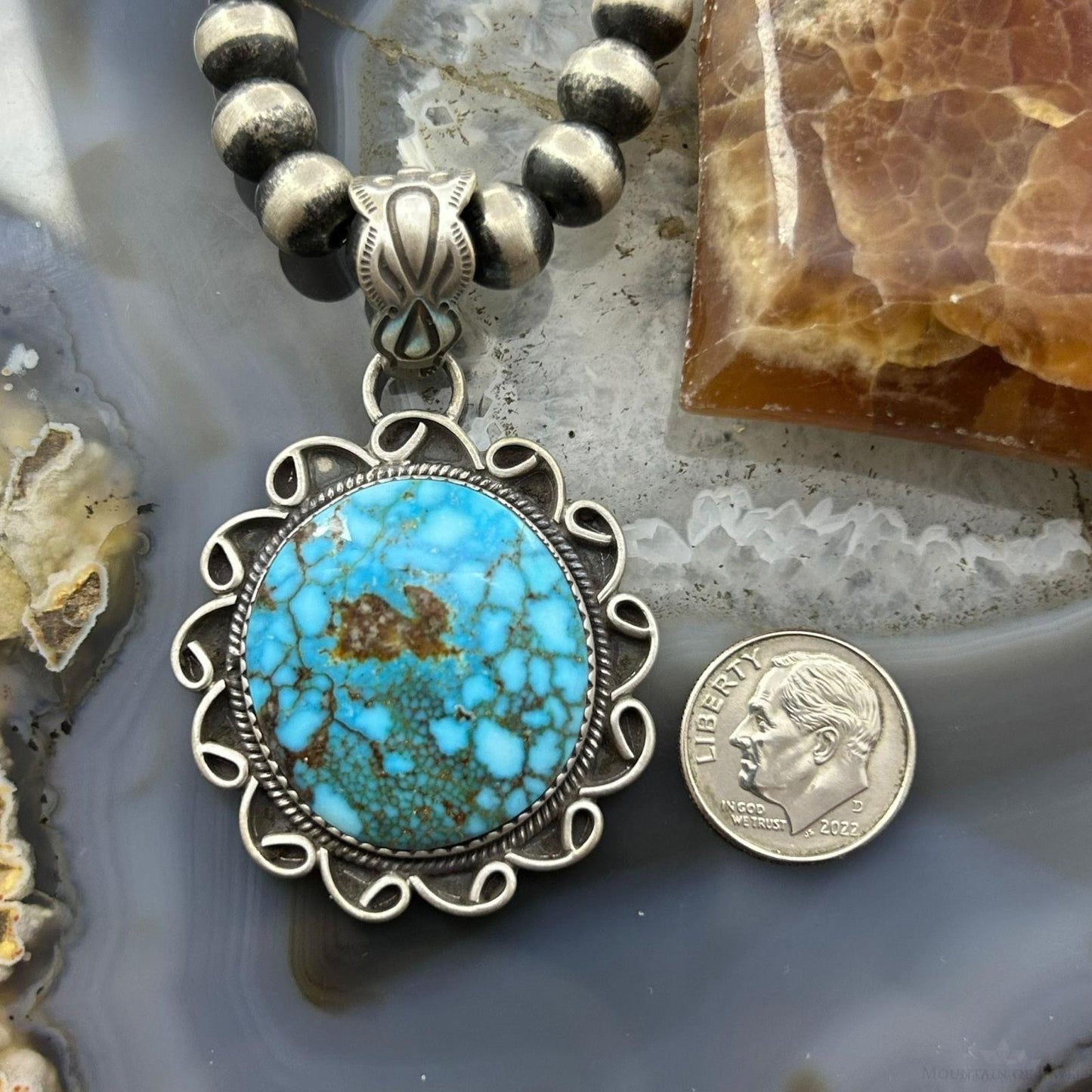 Sterling Silver Southwestern Style Round High Grade Kingman Turquoise Pendant For Women