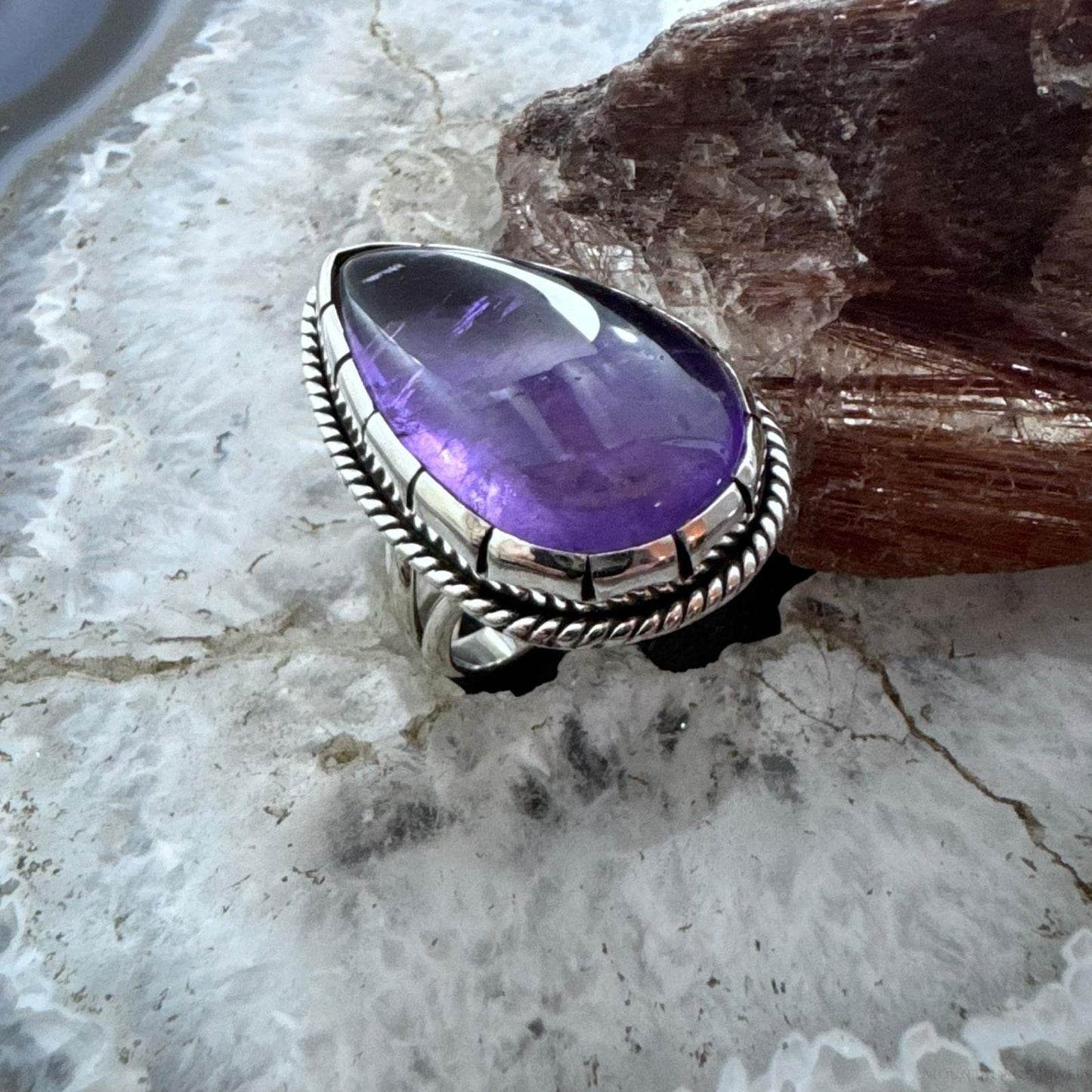 Sterling Silver Southwestern Style Teardrop Amethyst Decorated Ring Size 7 For Women