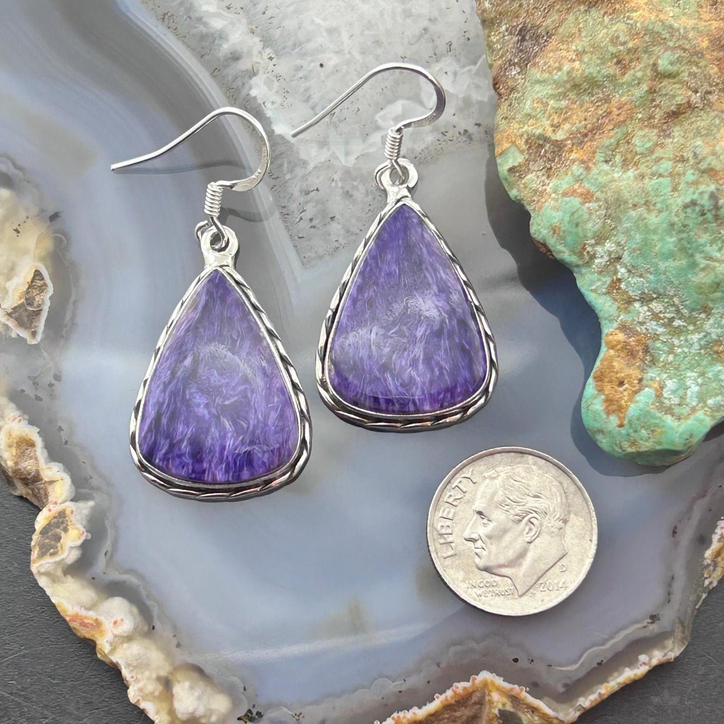 Sterling Silver Southwestern Style Teardrop Charoite Dangle Earrings For Women