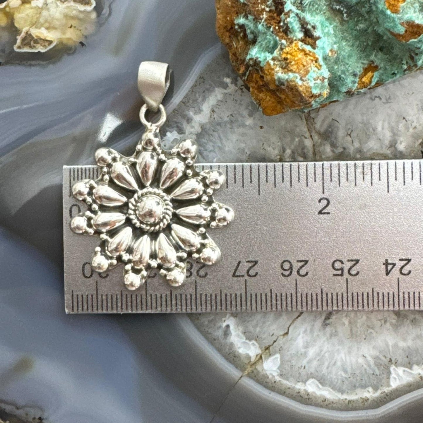 Southwestern Style Sterling Silver Decorated Cluster Floral Pendant For Women