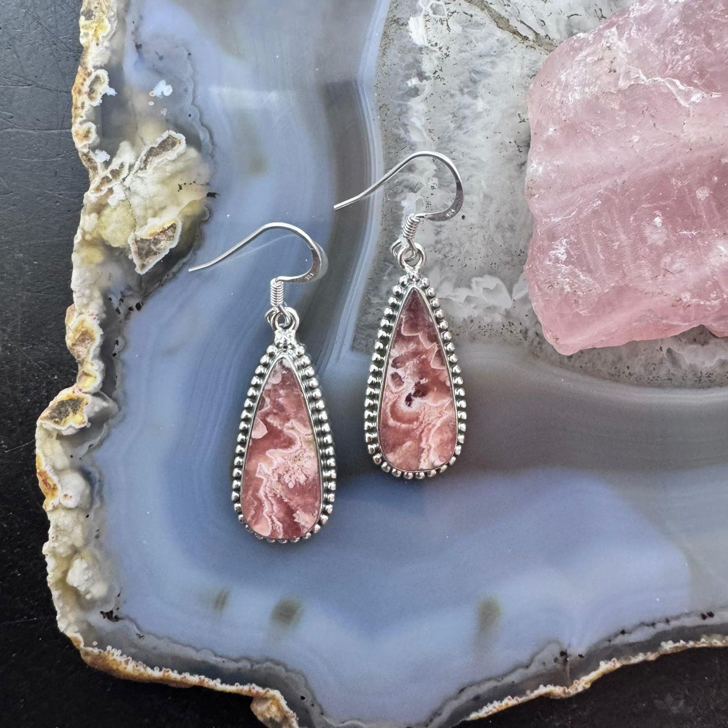 Sterling Southwestern Style Teardrop Rhodochrosite Dangle Earrings For Women