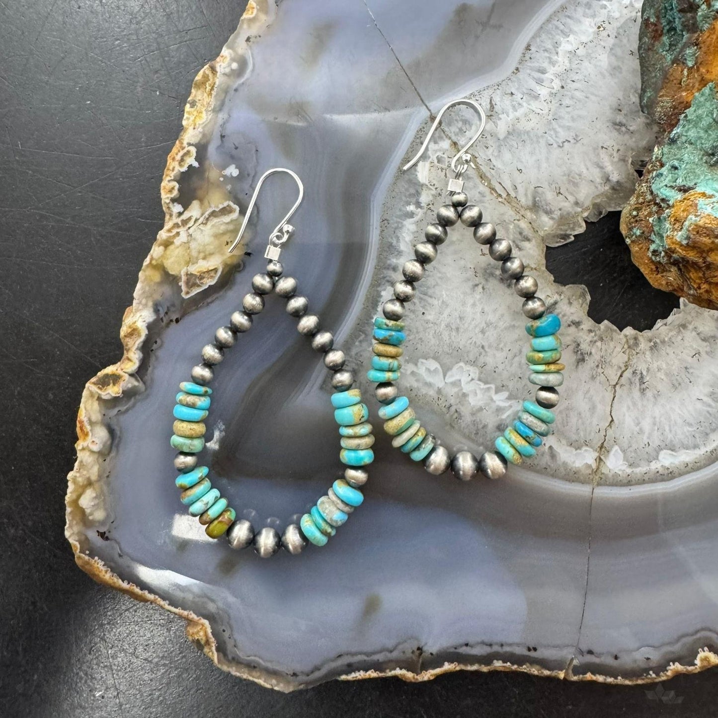Sterling Silver 4mm Navajo Pearl Southwester Style & 6mm Turquoise Bead Hoop Earrings For Women