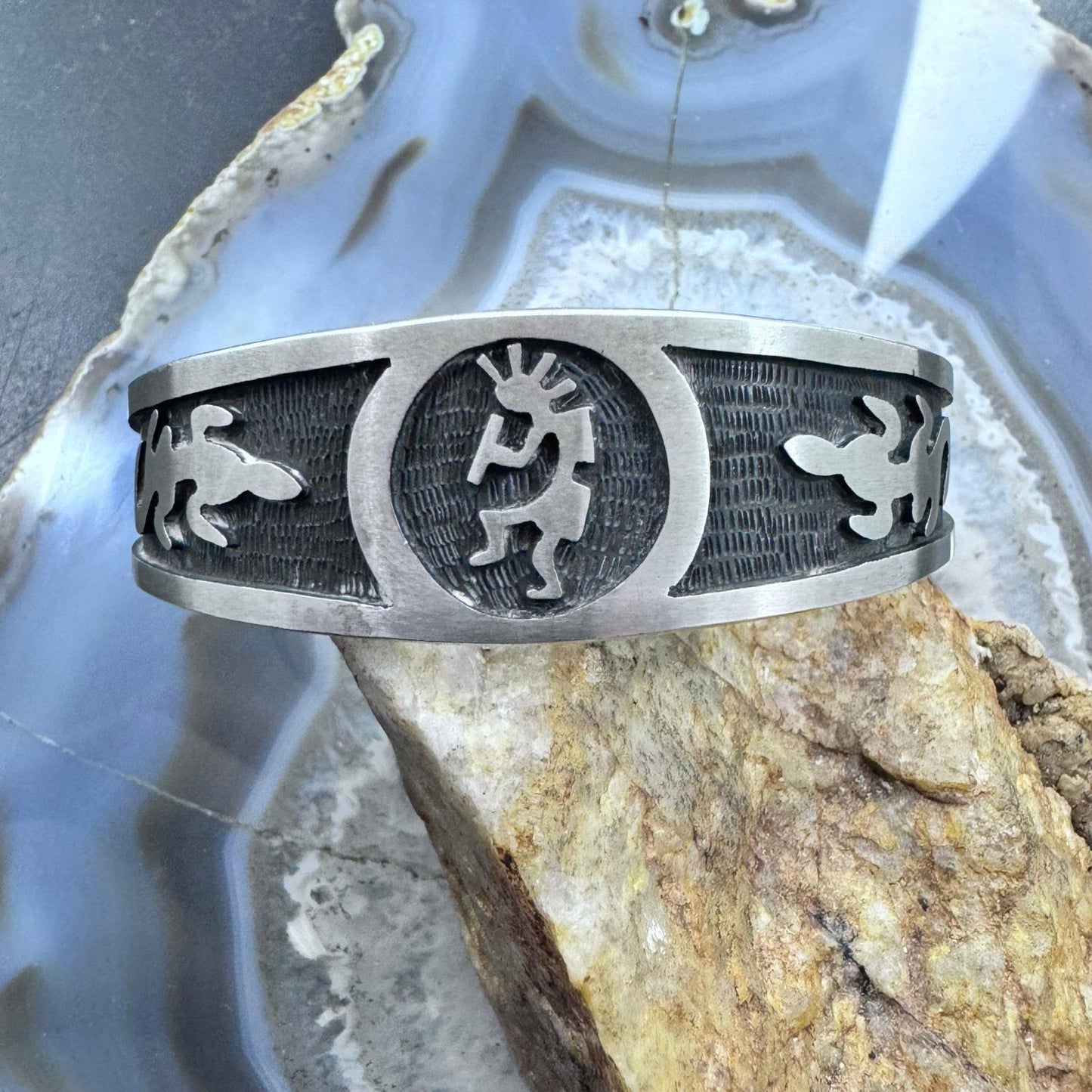 Vintage Sterling Silver Kokopelli Southwestern Motifs Overlay Bracelet For Women