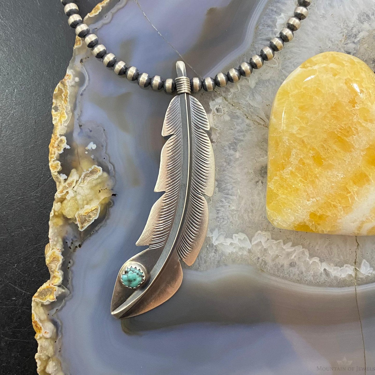 Billy Long Sterling Silver Oxidized Feather w/Turquoise Unisex Pendant Necklace