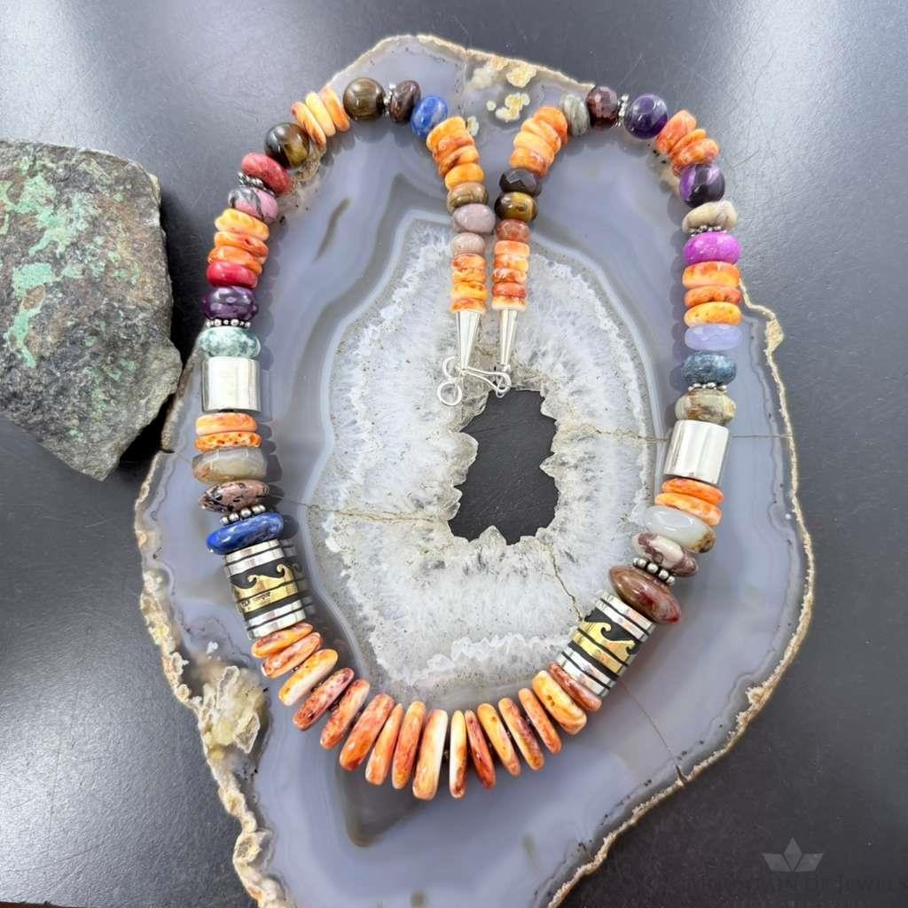 Tommy & Rosita Singer Sterling Silver Spiny Oyster & Multistone Beads 20" Necklace For Women
