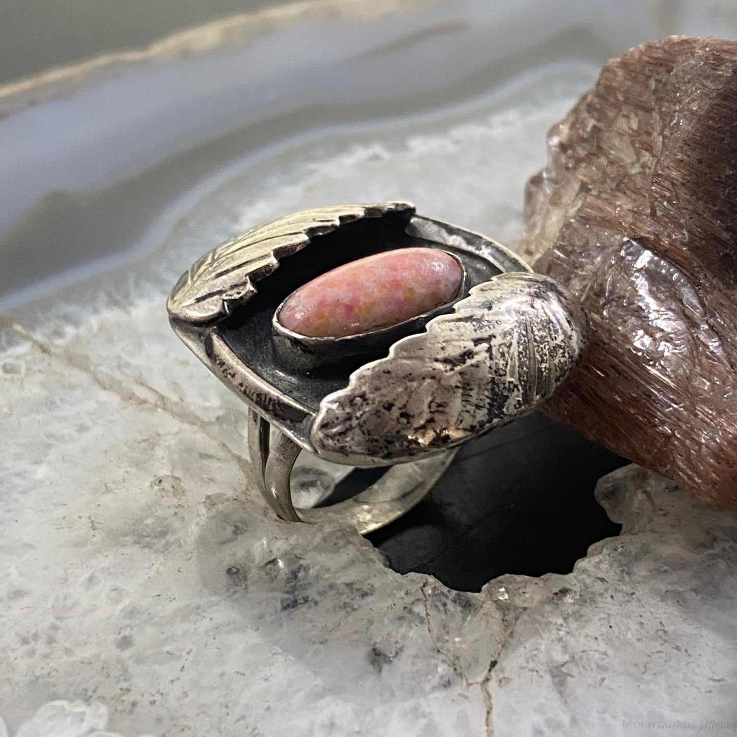 Vintage Sterling Silver Rhodochrosite with Leaves Ring Size 8.25 For Women
