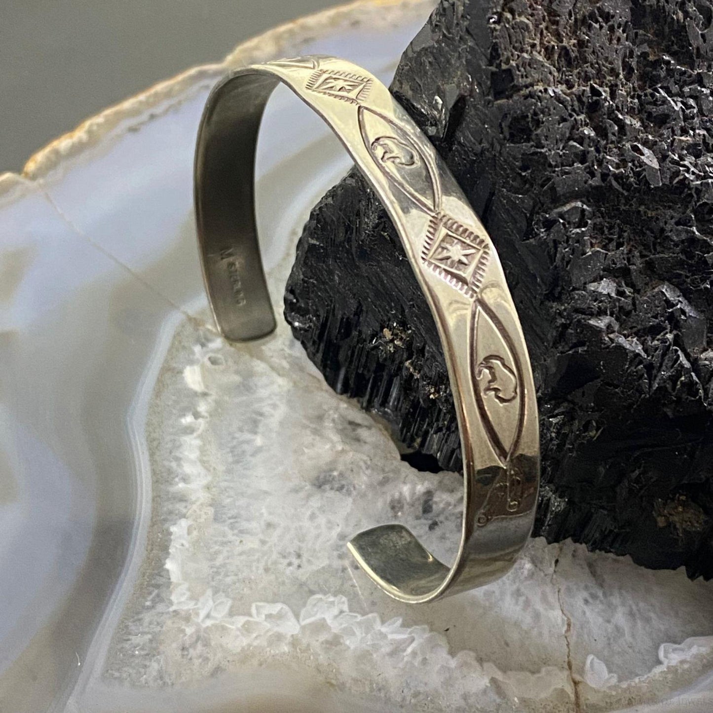 Signed Native American Sterling Silver Stamped Stackable Bracelet For Women #2