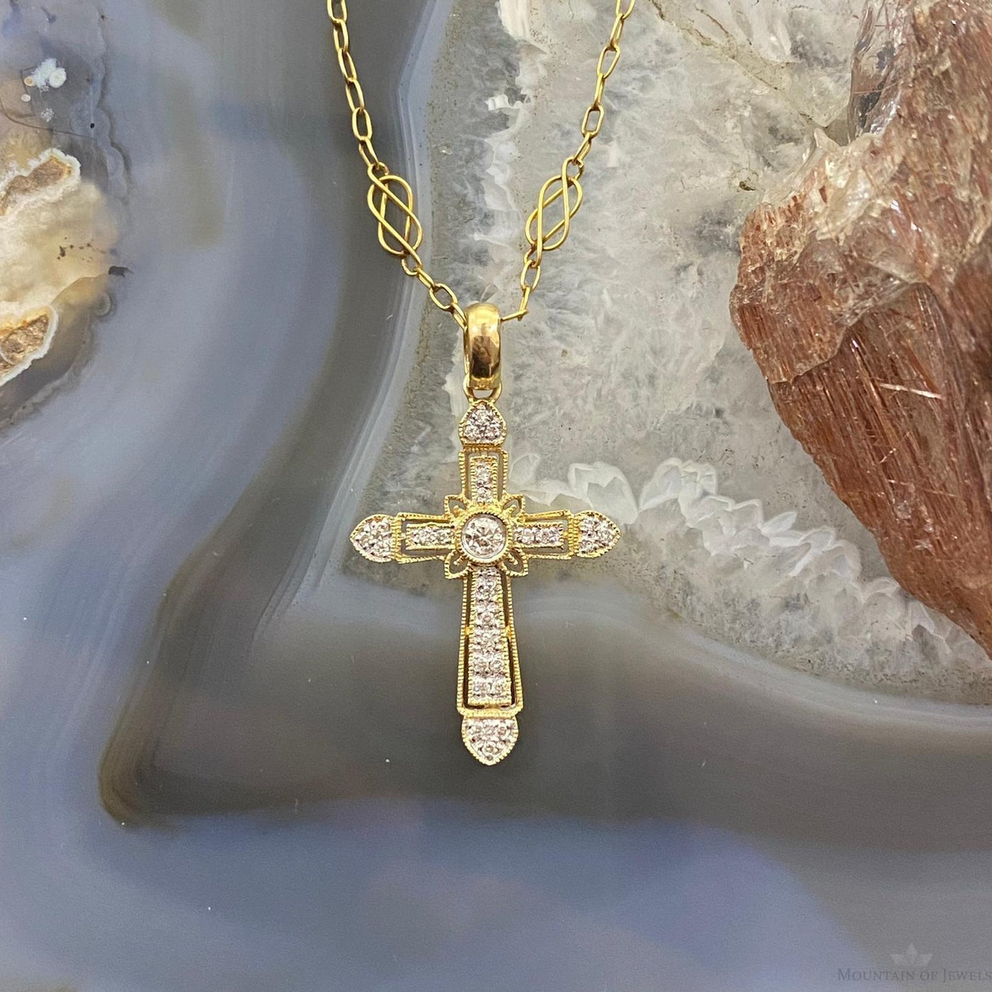 14K Two Tone Yellow & Rose Gold w/Diamonds Cross Pendant For Women