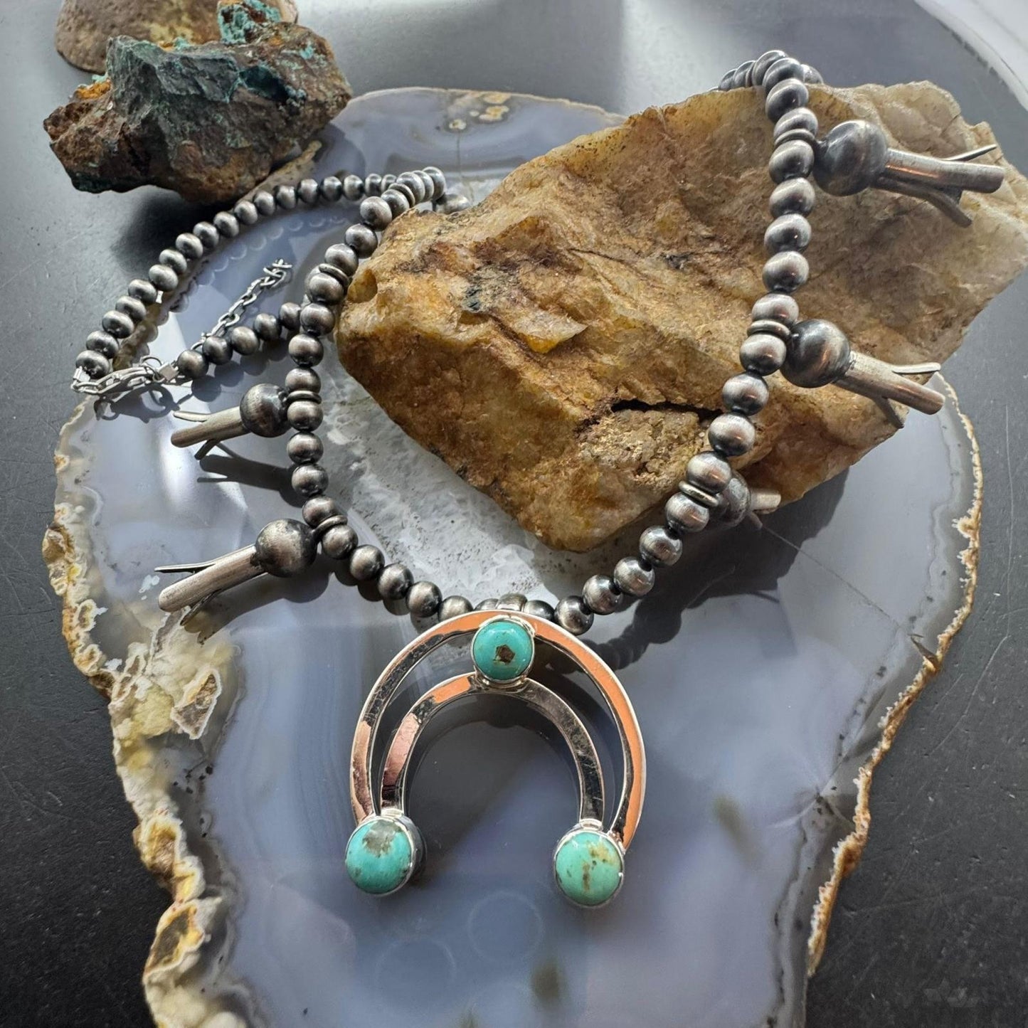Sterling Silver Southwestern Style Turquoise Squash Blossom Necklace For Women