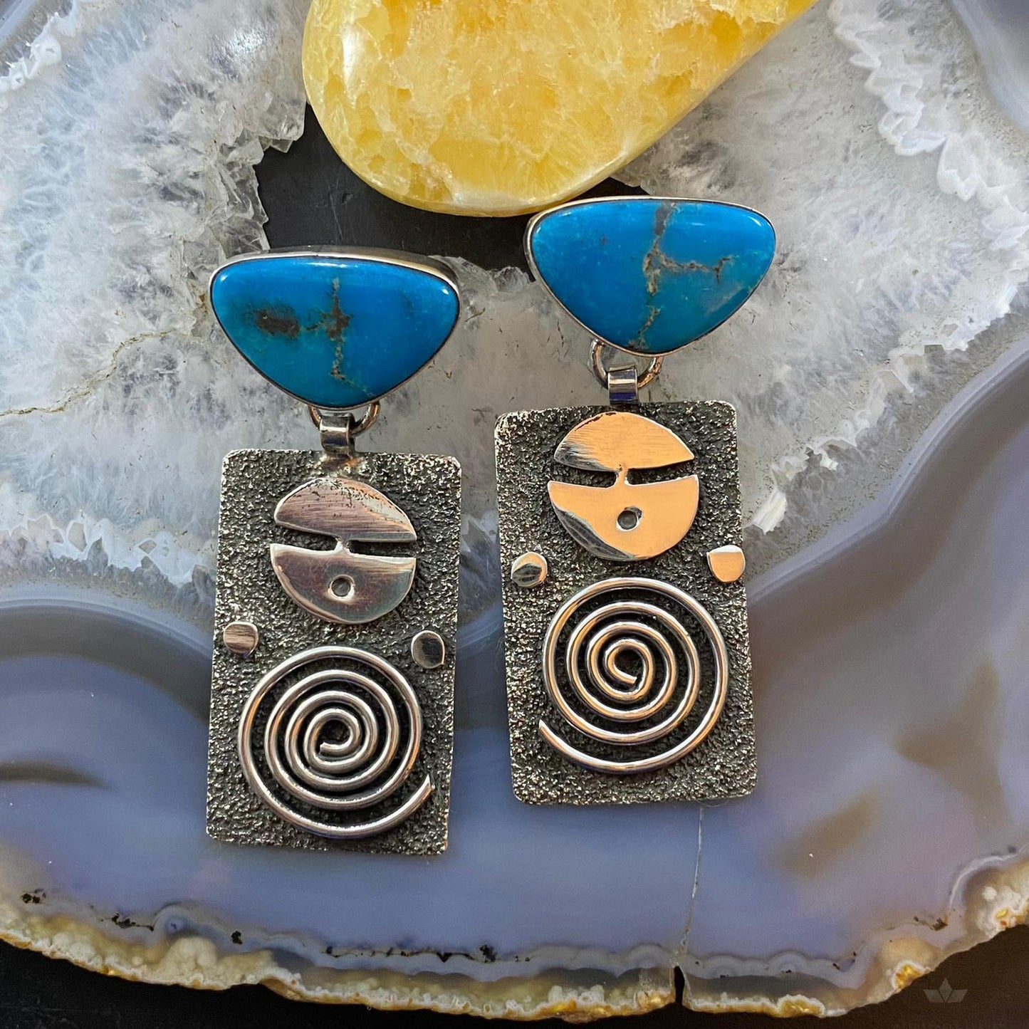 Alex Sanchez Native American Sterling Turquoise Petroglyph Dangle Earrings #2