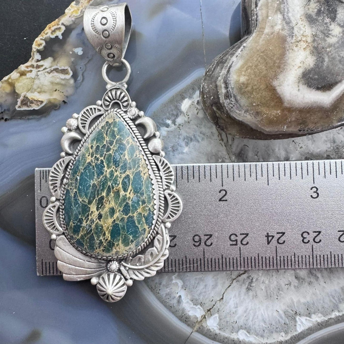 Sterling Silver Southwestern Style Teardrop Sediment Jasper Flower Decorated Pendant For Women