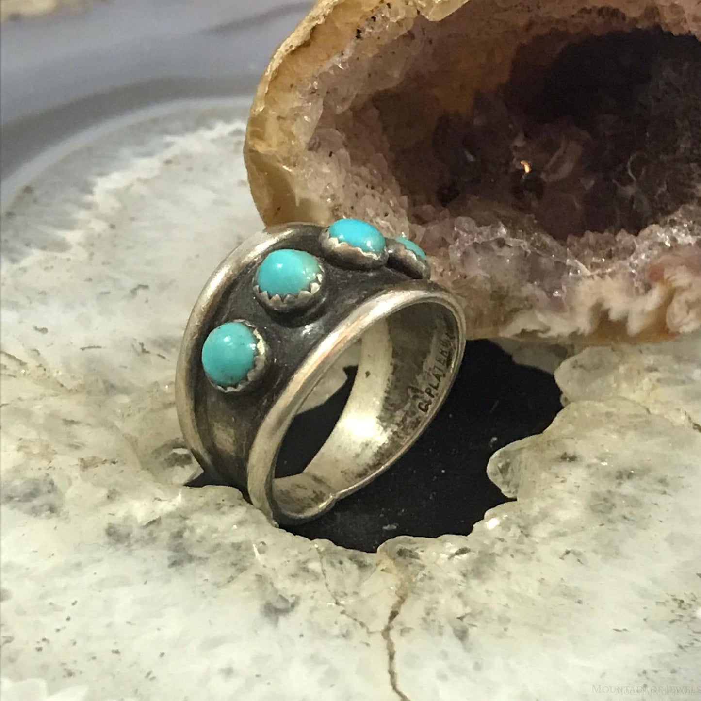 Vintage Native American Sterling Silver 4 Turquoise Dots Band Ring Size 7.25 For Women