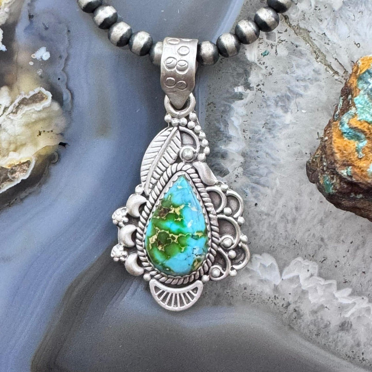 Sterling Silver Southwestern Style Teardrop Sonora Gold Turquoise Decorated Pendant For Women