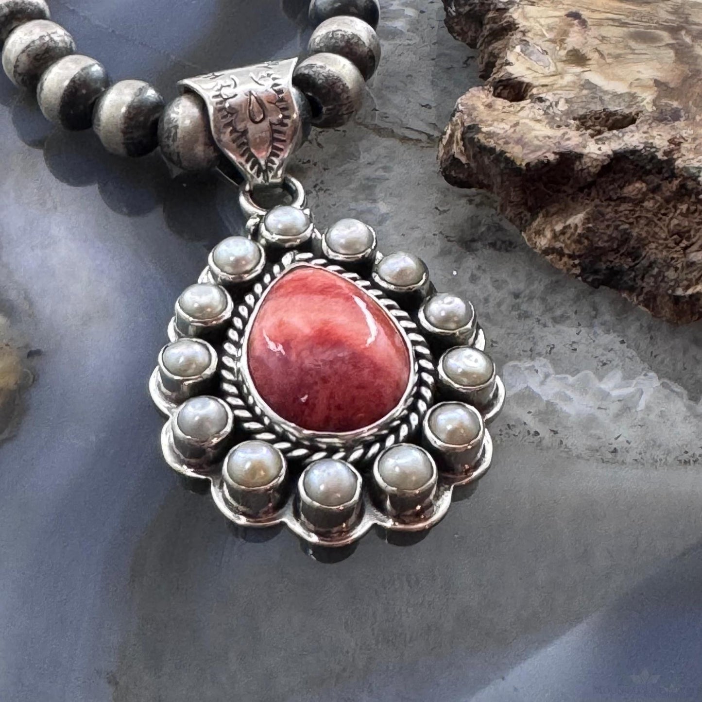 Native American Sterling Silver Teardrop Spiny Oyster w/Pearls Pendant For Women