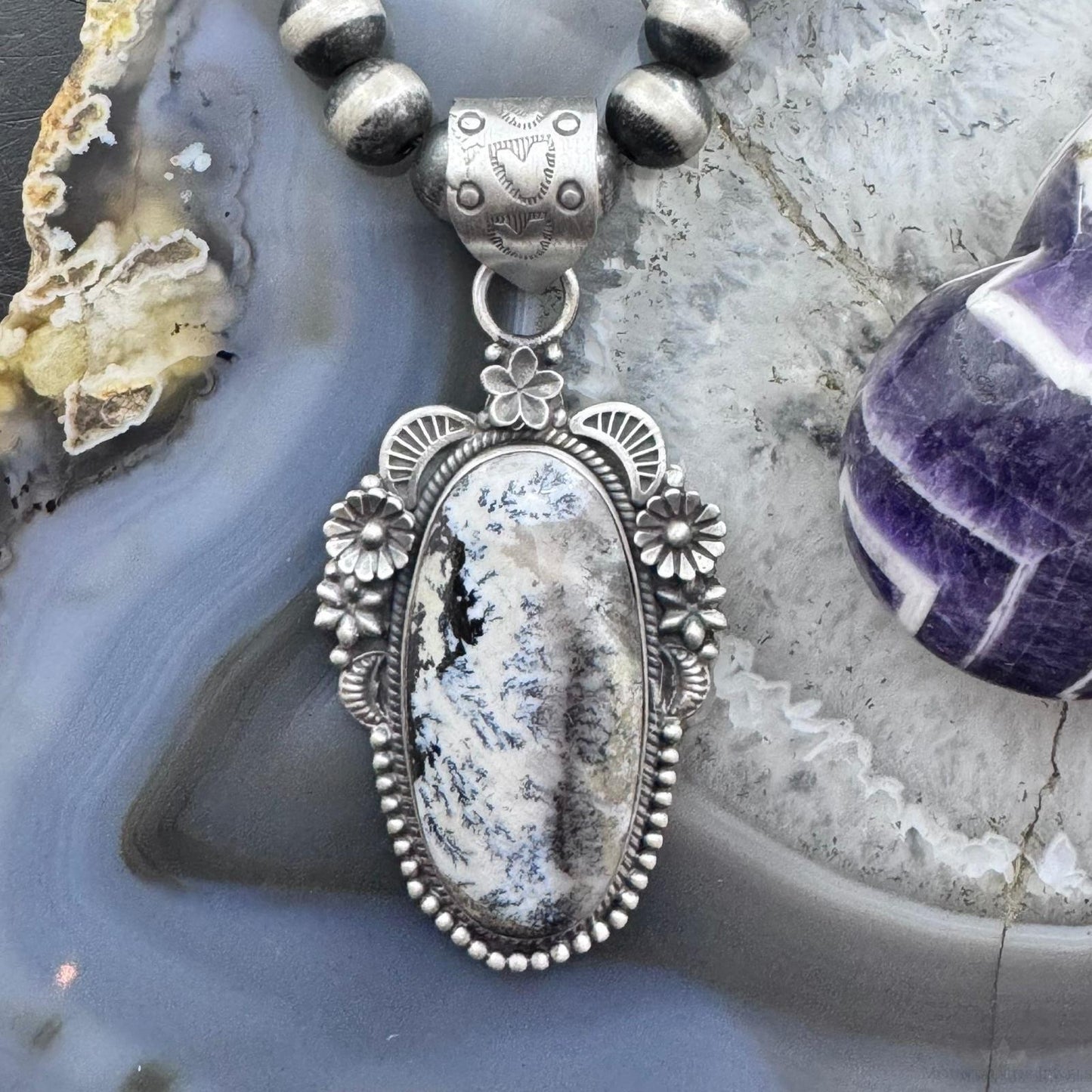Sterling Silver Southwestern Style Elongated Oval Dendritic Agate Decorated Pendant For Women