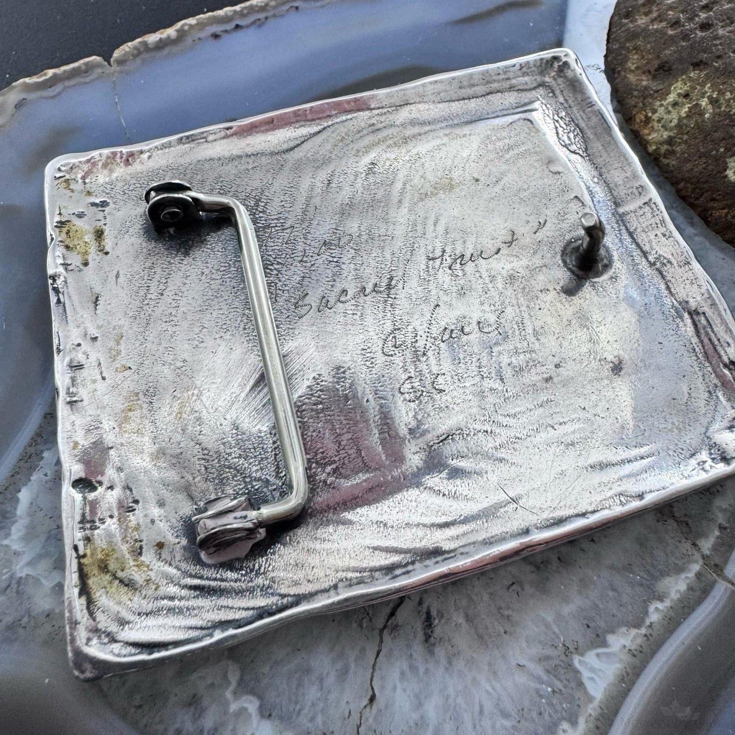 Claire Haye Vintage Silver "Sacred Trust" Rectangle Unisex Heavy Belt Buckle