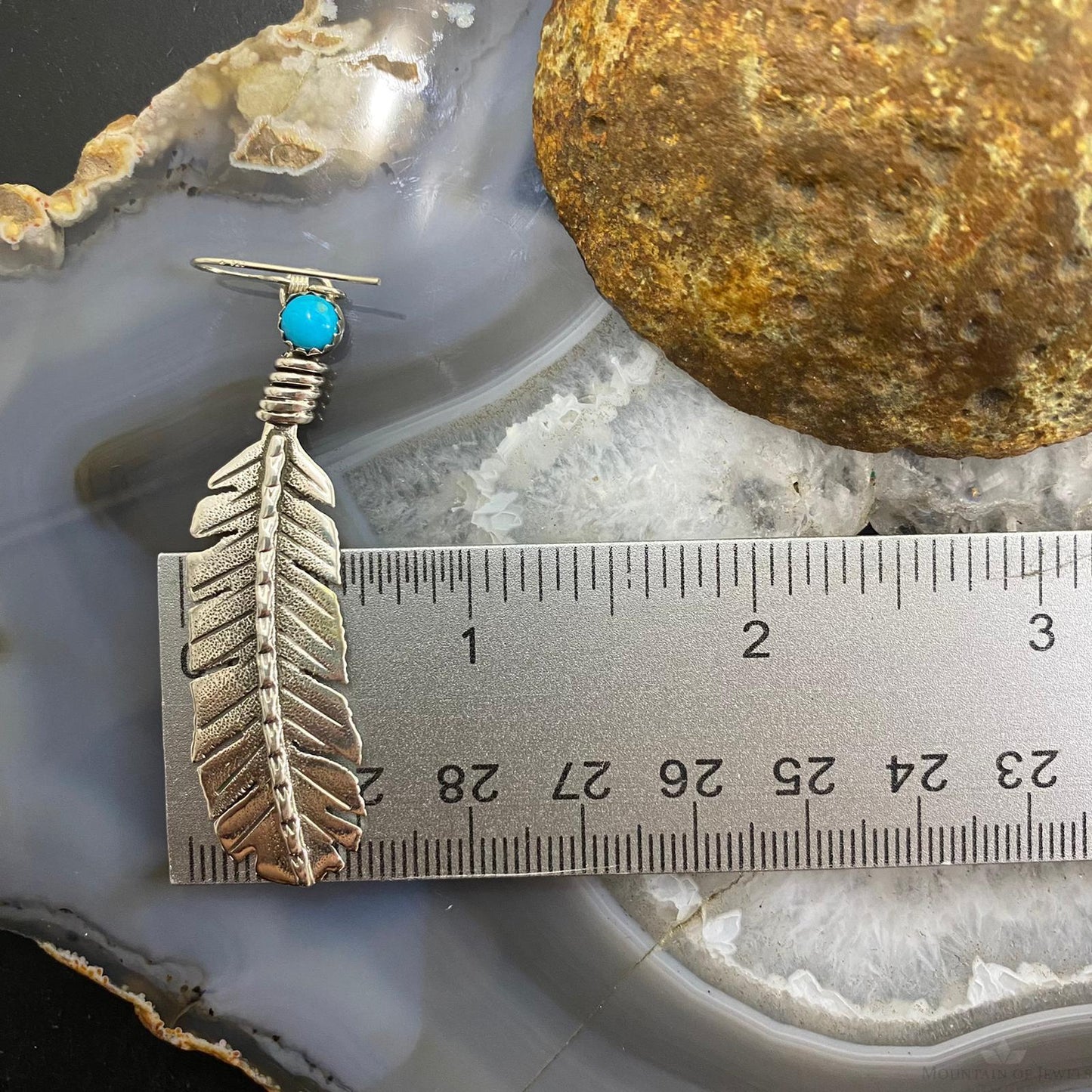 Brad Panteah Native American Sterling Long Feather w/Turquoise Dangle Earrings