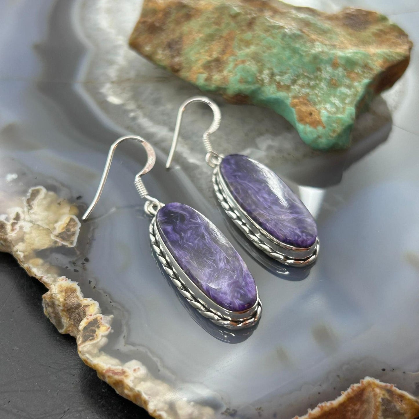 Sterling Silver Southwestern Style Oval Charoite Dangle Earrings For Women