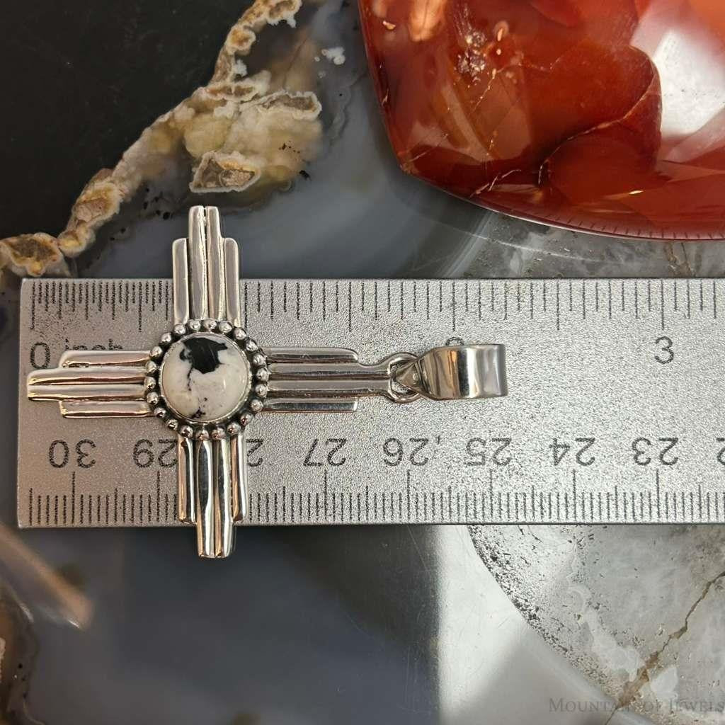 Sterling Silver Southwestern Style Round White Buffalo Unisex Zia Pendant #1