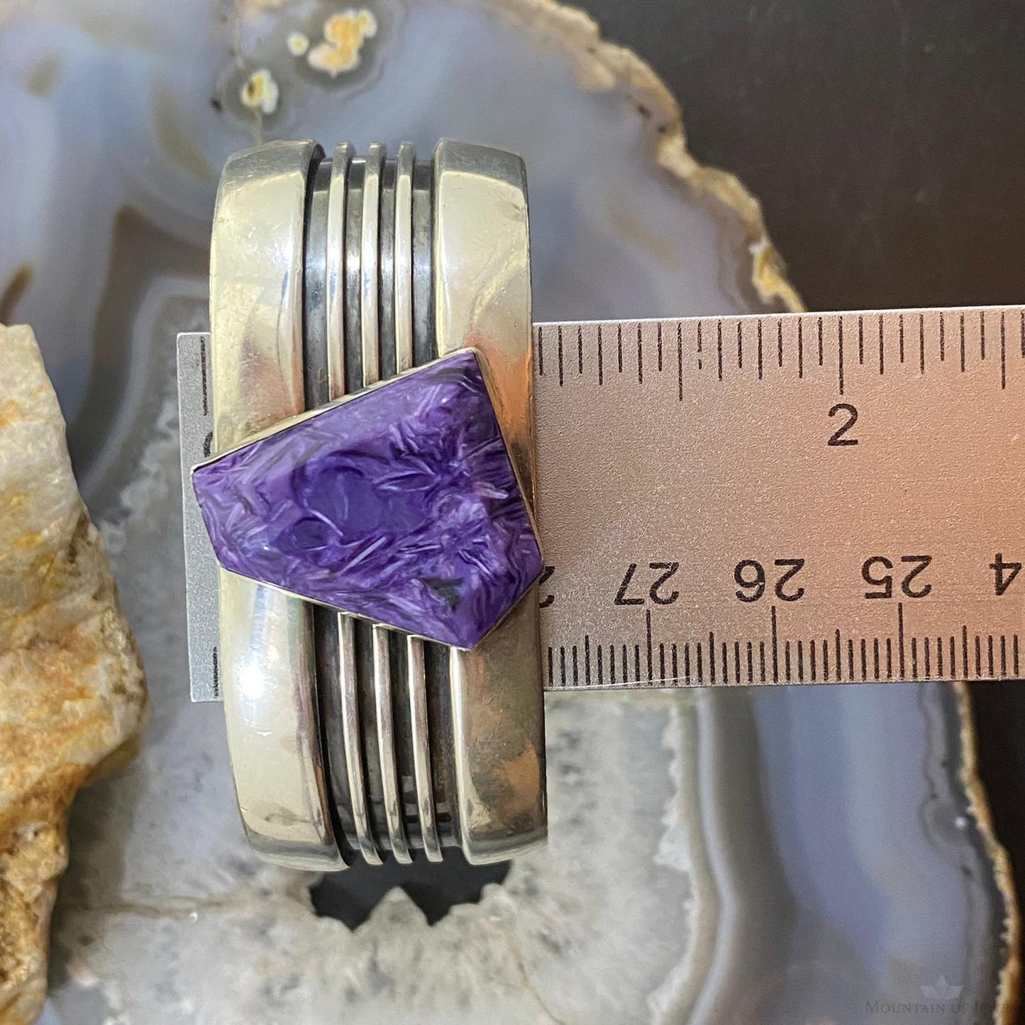 Signed Native American Sterling Linear Overlay Charoite Bracelet For Women