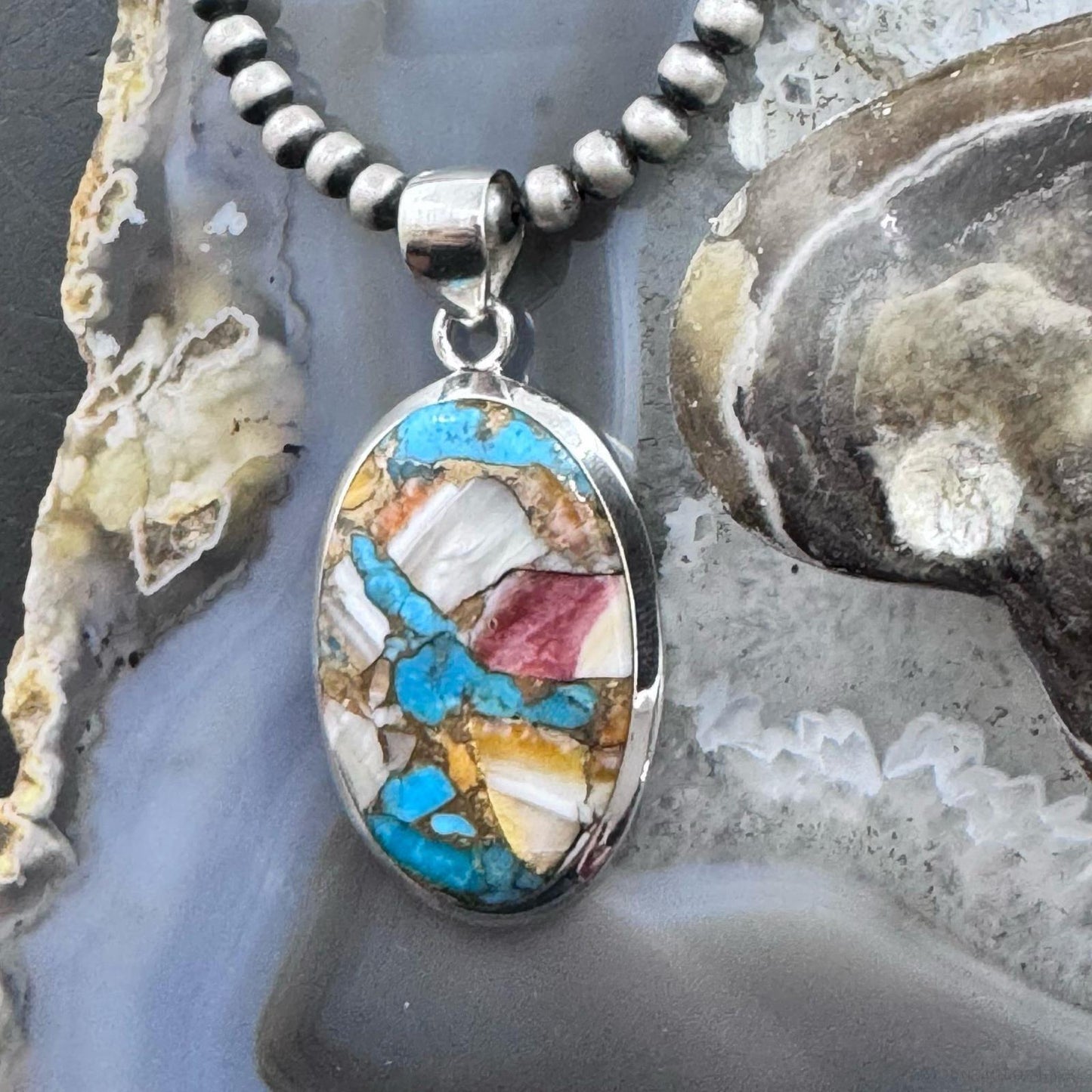 Sterling Southwestern Style Copper Turquoise Spiny Oyster Pendant For Women