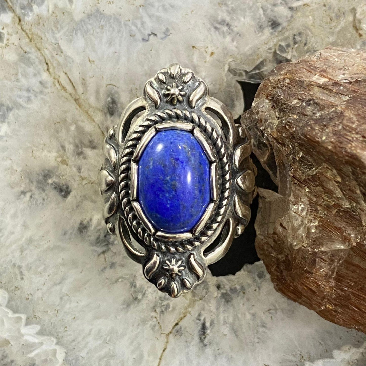 Carolyn Pollack Southwestern Style Sterling Silver Oval Denim Lapis Decorated Ring For Women