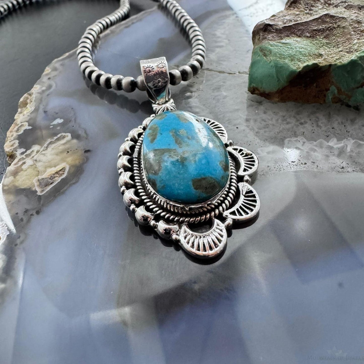 Sterling Silver Southwestern Style Large Turquoise Decorated Pendant For Women