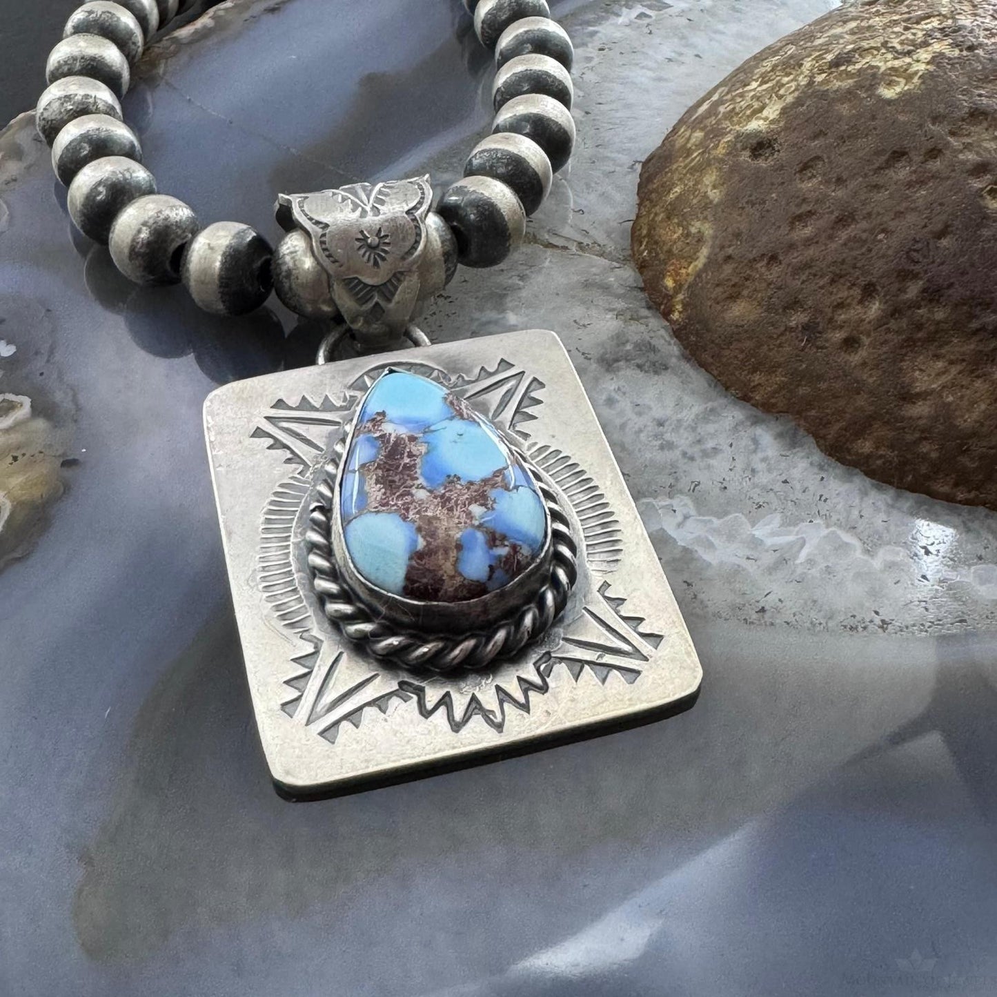 Native American Sterling Silver Teardrop Golden Hill Turquoise Decorated Pendant
