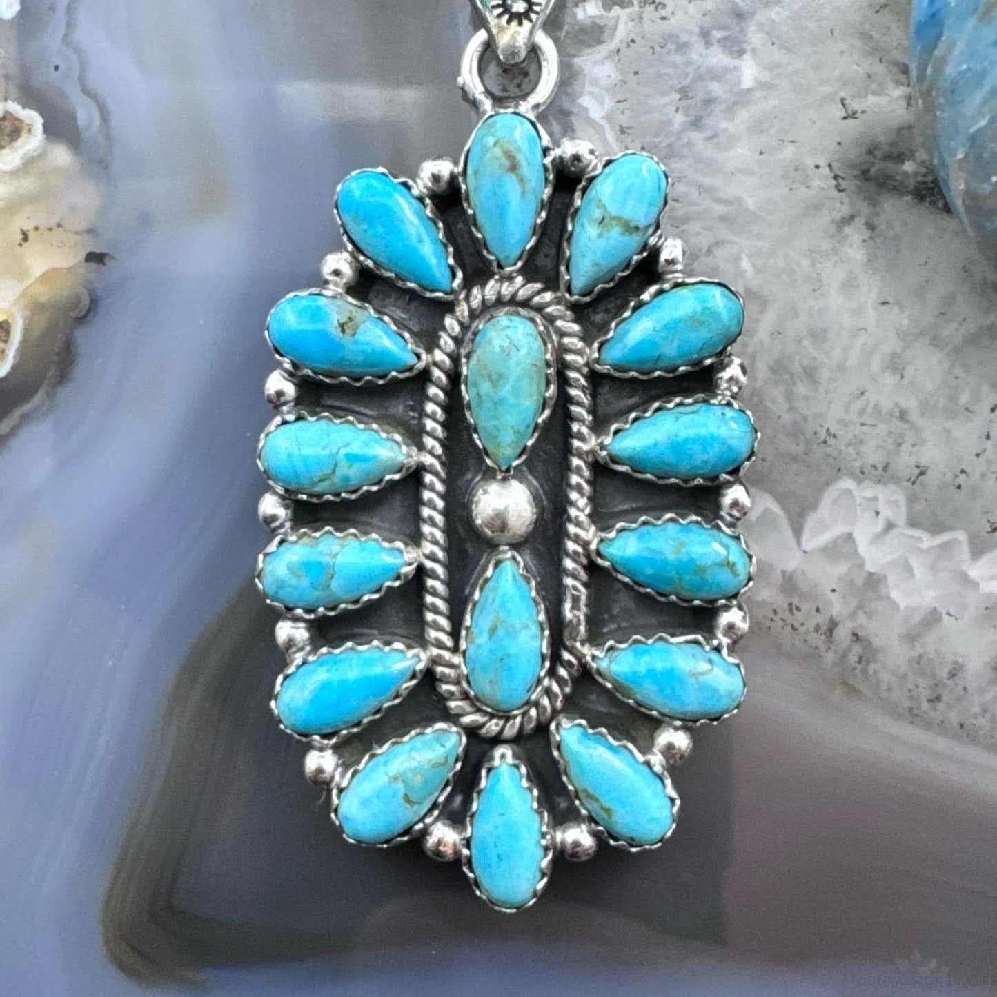 Sterling Silver Southwestern Style Turquoise Decorated Cluster Pendant For Women