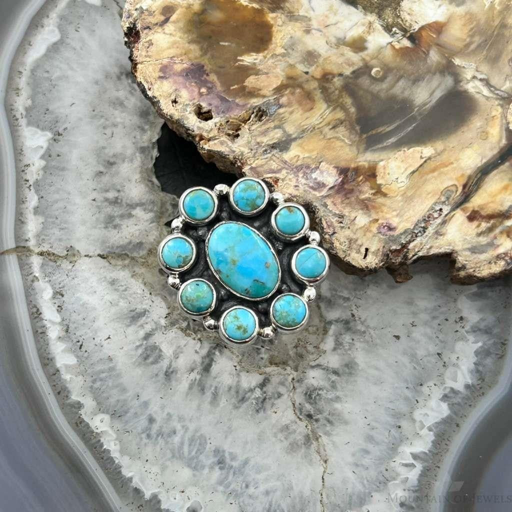 Sterling Silver Southwestern Style Mohave Turquoise Cluster Ring Size 7.5 For Women