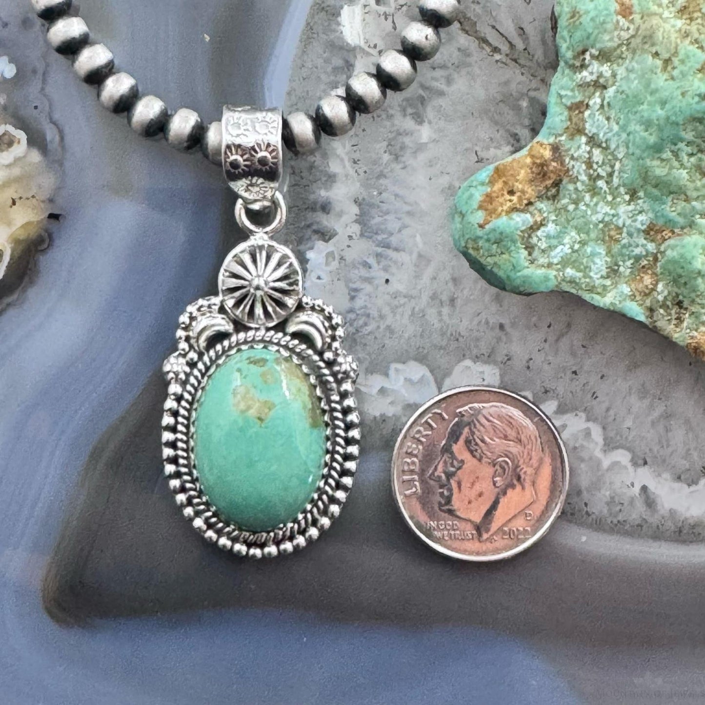 Sterling Silver Southwestern Style Oval Green Turquoise Decorated Pendant For Women