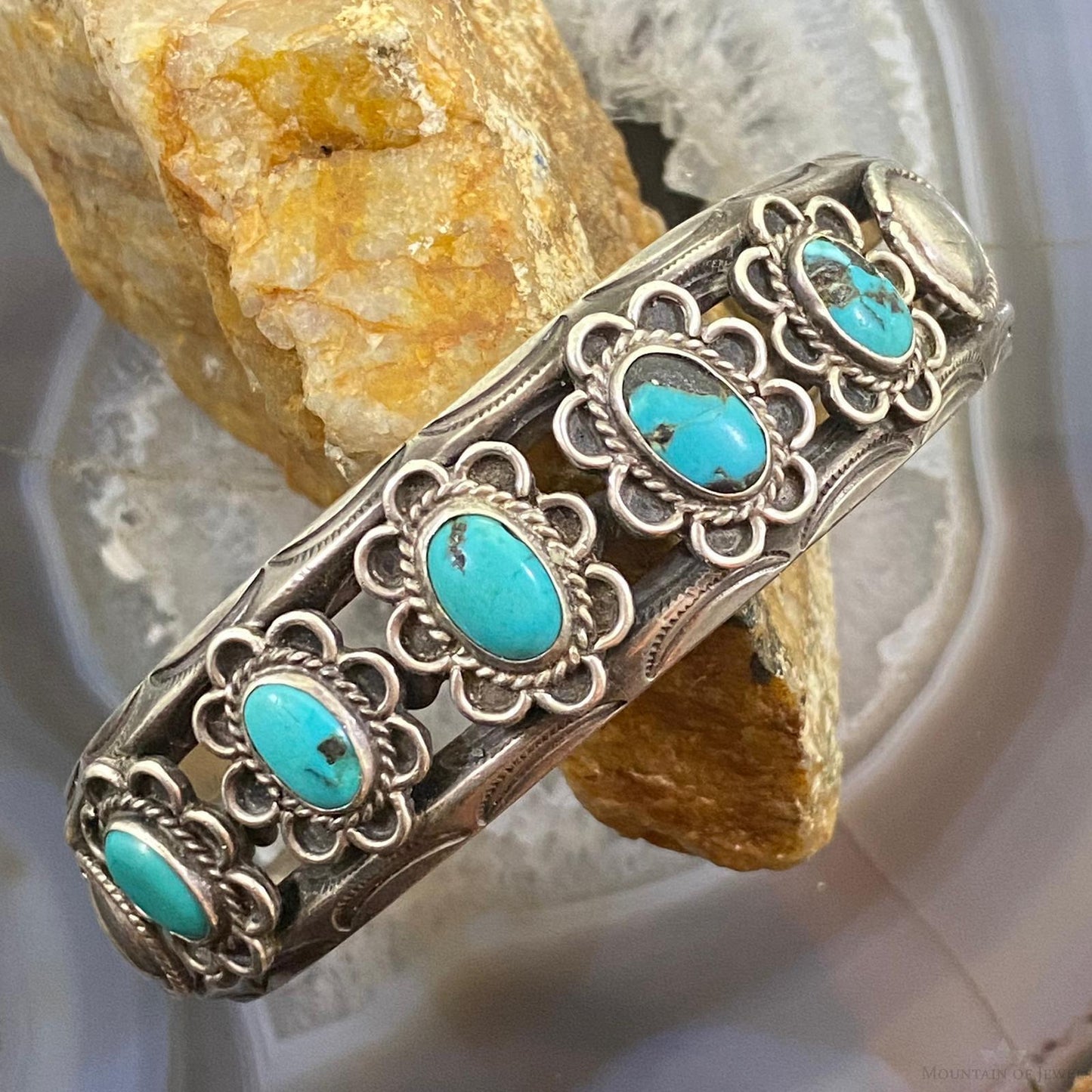 Vintage Native American Silver Oval Turquoise Floral Bracelet For Women