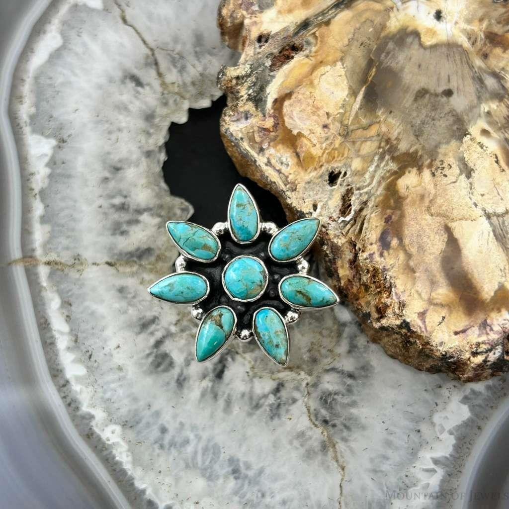 Sterling Silver Southwestern Style Mohave Turquoise Cluster Ring Size 7 For Women