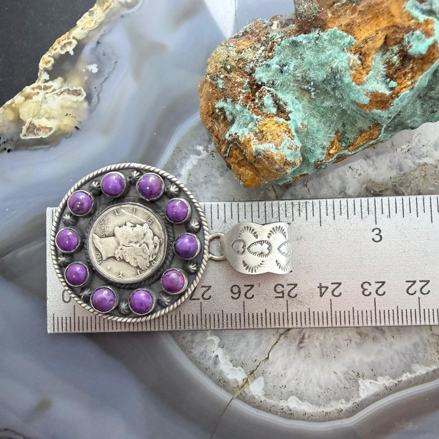 Genuine 1935 90% Silver Mercury Dime Coin w/Purple Dahlia Decorated Unisex Pendant