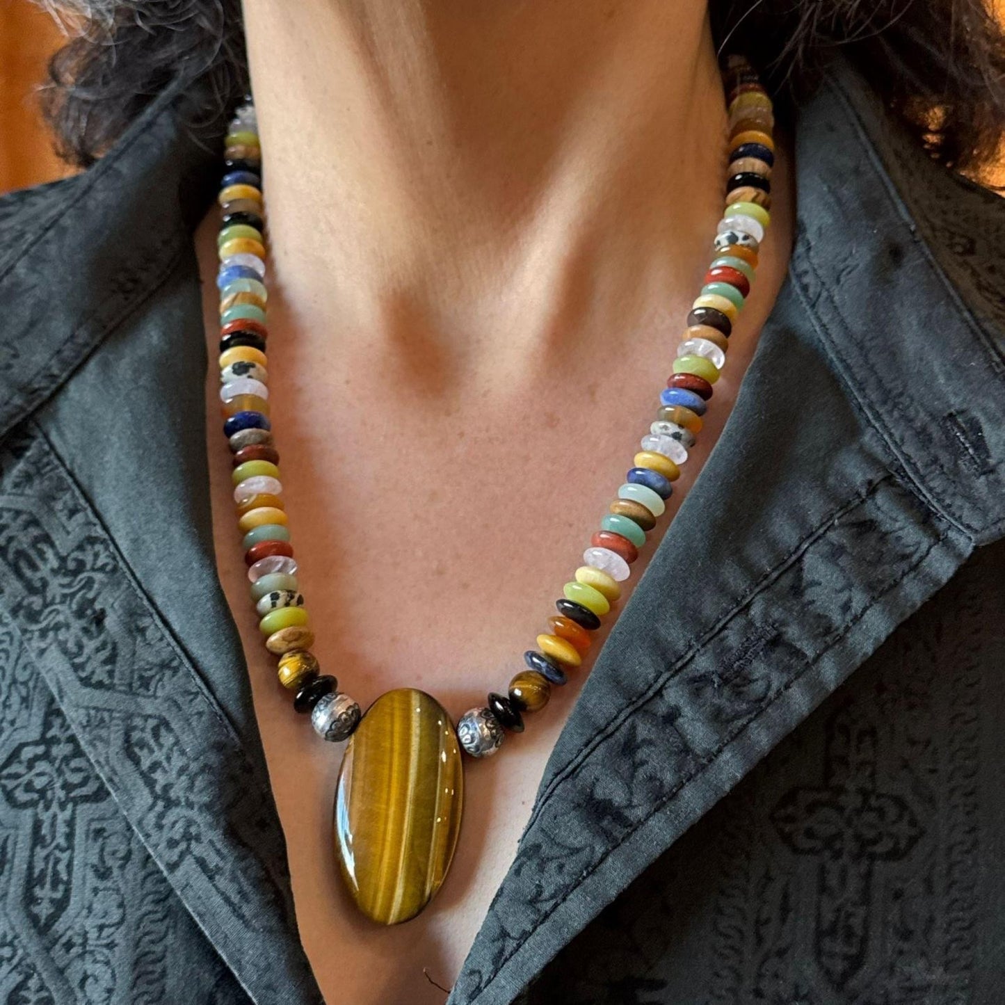 Carolyn Pollack Multi-Gemstone Rondelles Beads w/Large Oval Tiger's Eye Necklace