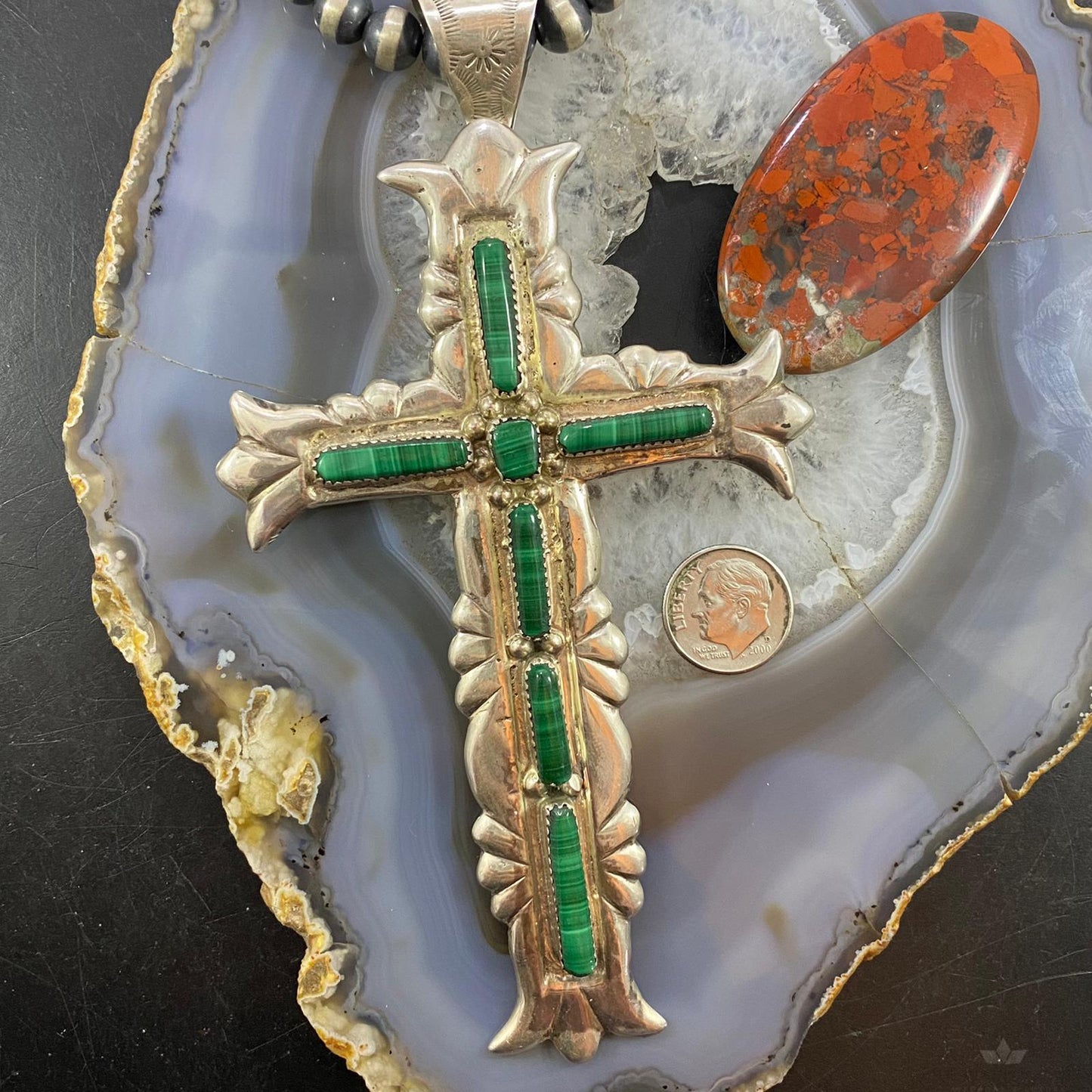 G & L Leekity Vintage Sterling Silver Sandcast Malachite Unisex Cross Pendant
