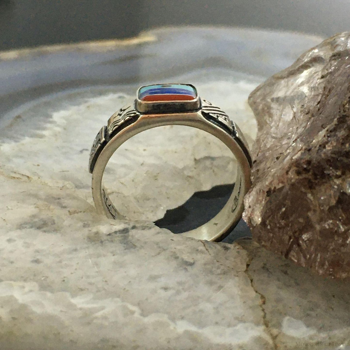 Carolyn Pollack Southwestern Style Sterling Silver Square Multistone Inlay Decorated Band Ring For Women