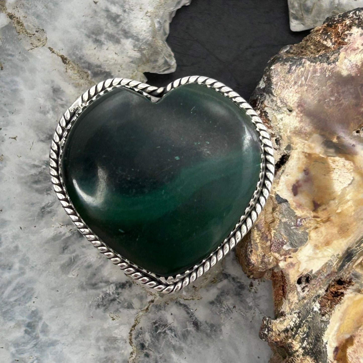 Sterling Silver Southwestern Style Malachite Heart Shape Ring Size 6 For Women
