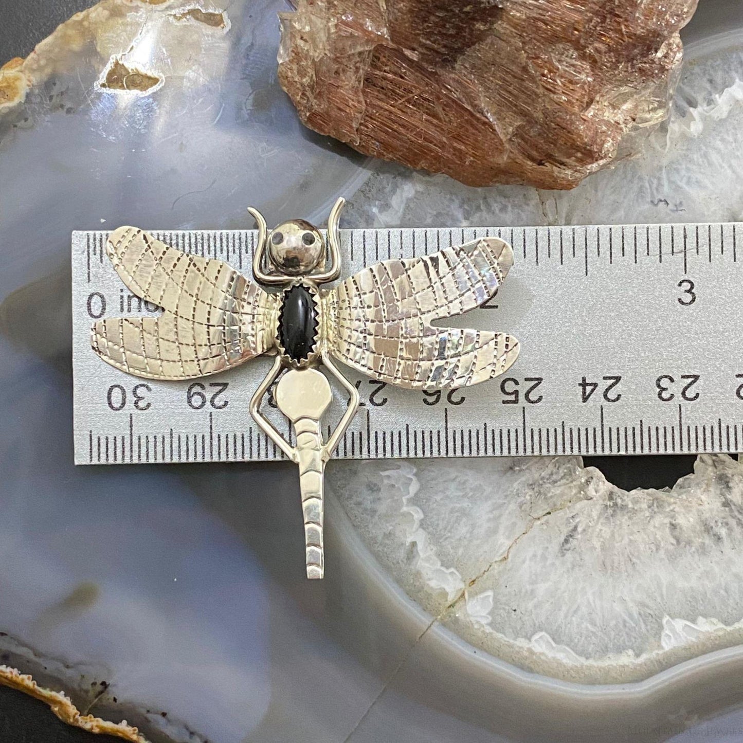 Native American Sterling Silver Oval Onyx Fly Unisex Brooch