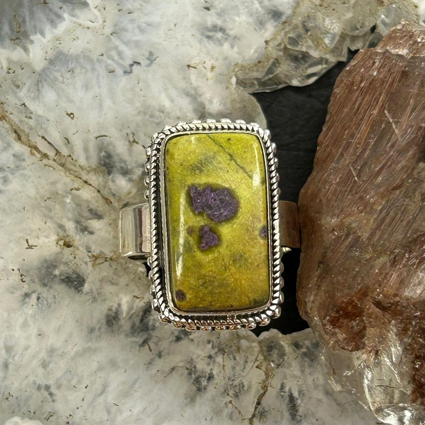 Sterling Silver Southwestern Style Rectangle Atlantisite Ring Size 7.25 For Women