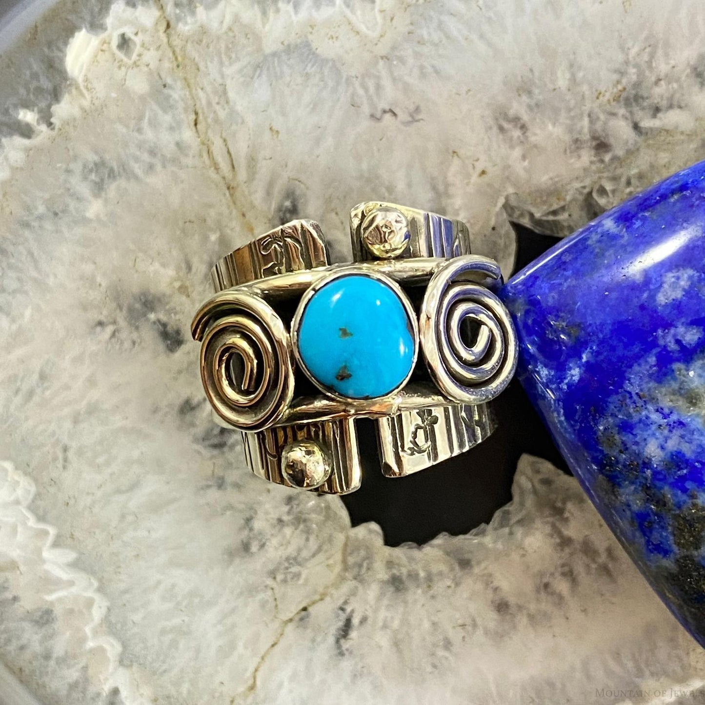 Alex Sanchez Sterling Silver Turquoise Petroglyph Band Ring Sz 8.5 For Women