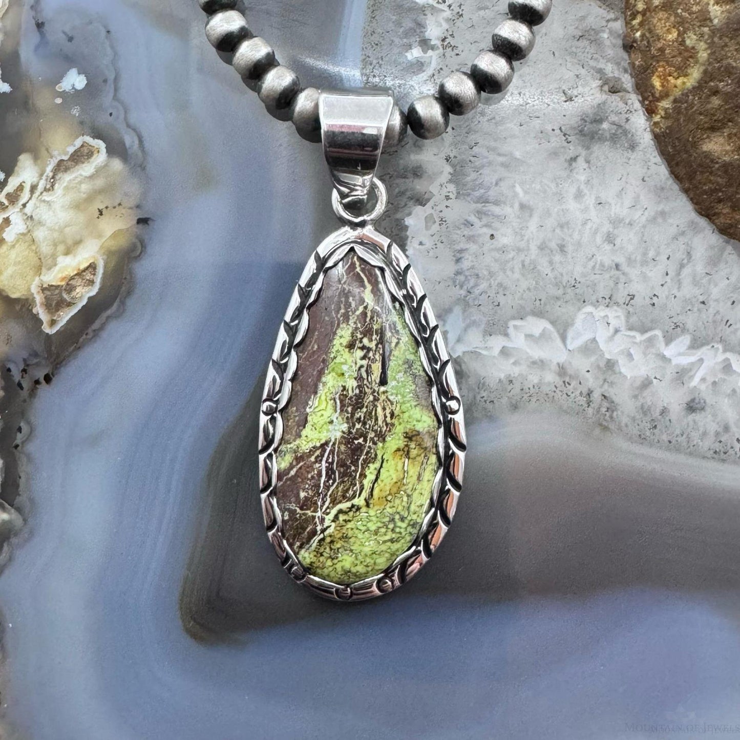 Native American Sterling Silver Teardrop Gaspeite Decorated Pendant For Women