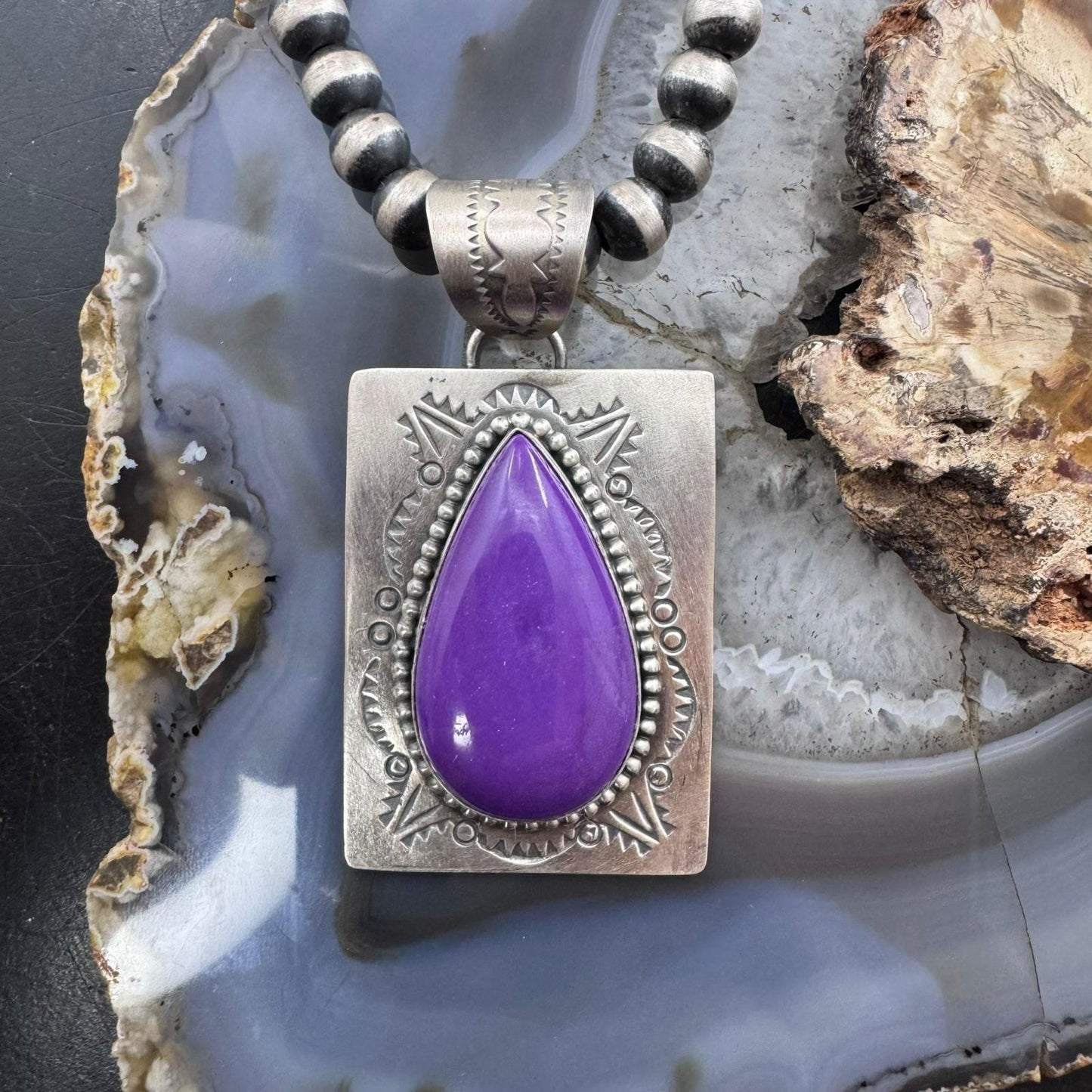 Native American Sterling Silver Purple Phosphosiderite Decorated Pendant For Women