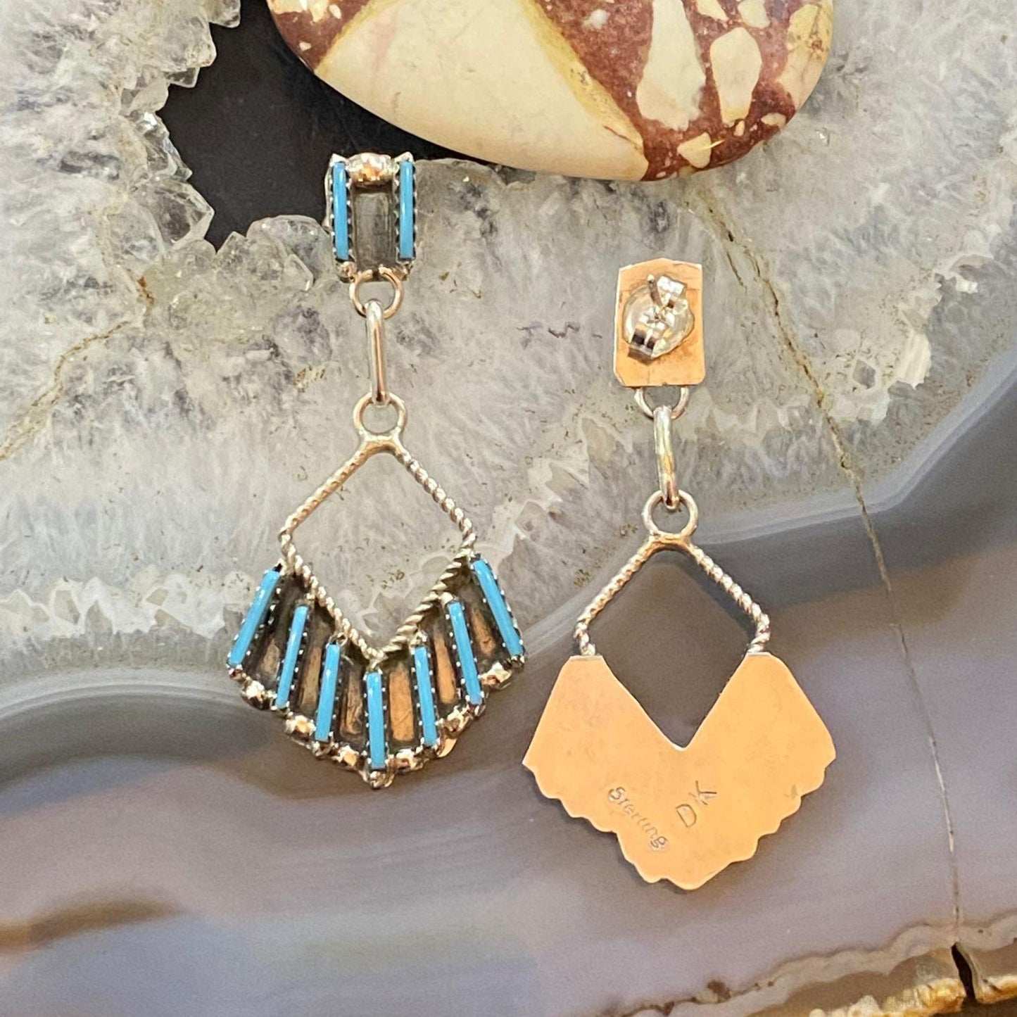 Davis Kaamasee Zuni Sterling Turquoise Needlepoint Dangle Earrings For Women