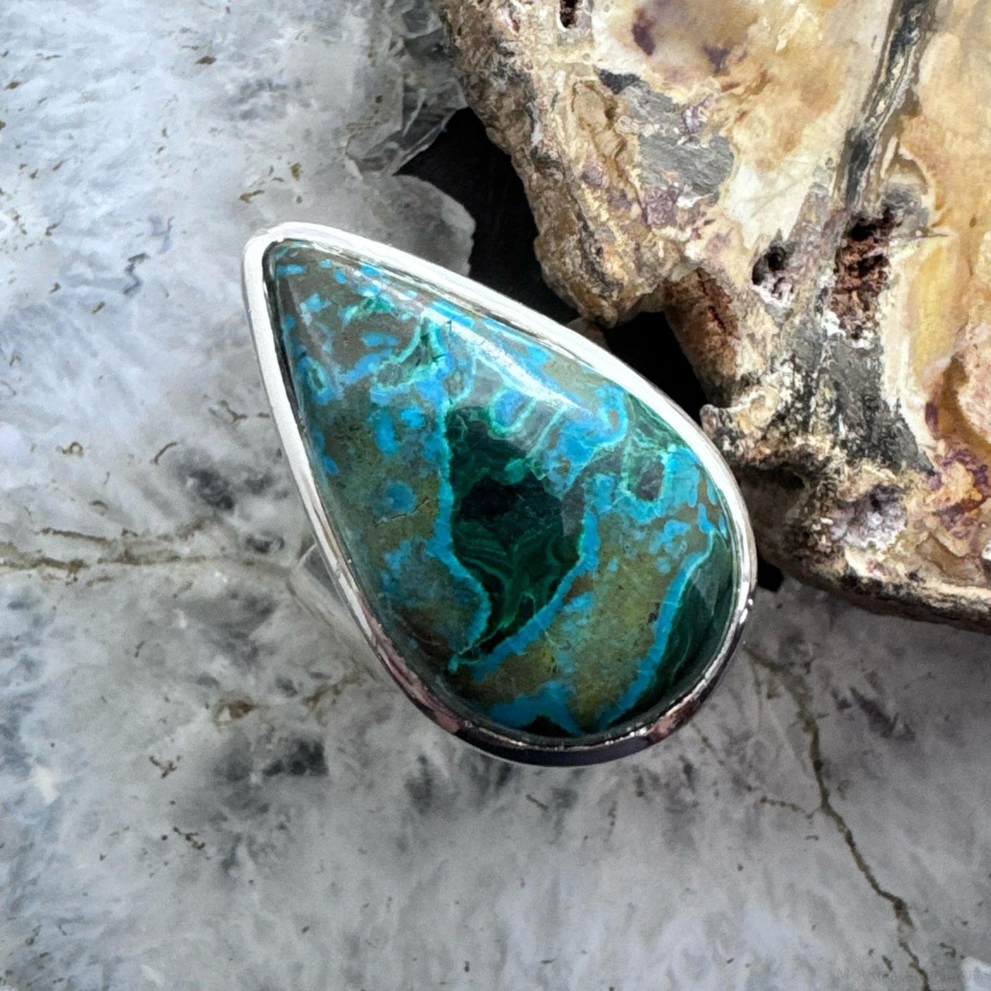 Sterling Silver Southwestern Style Teardrop Azurite Malachite Ring Size 7 For Women