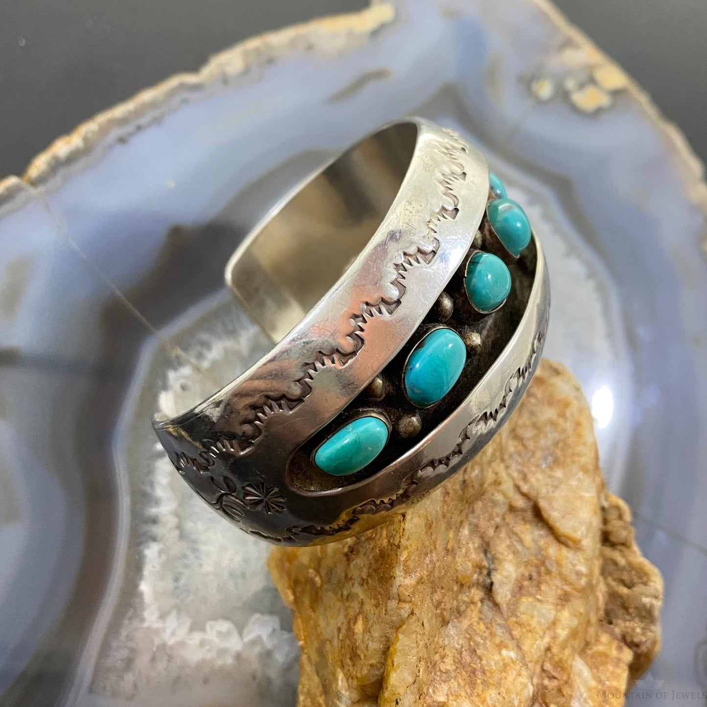Vintage Native American Silver Shadow Box Turquoise Tapered Bracelet For Women