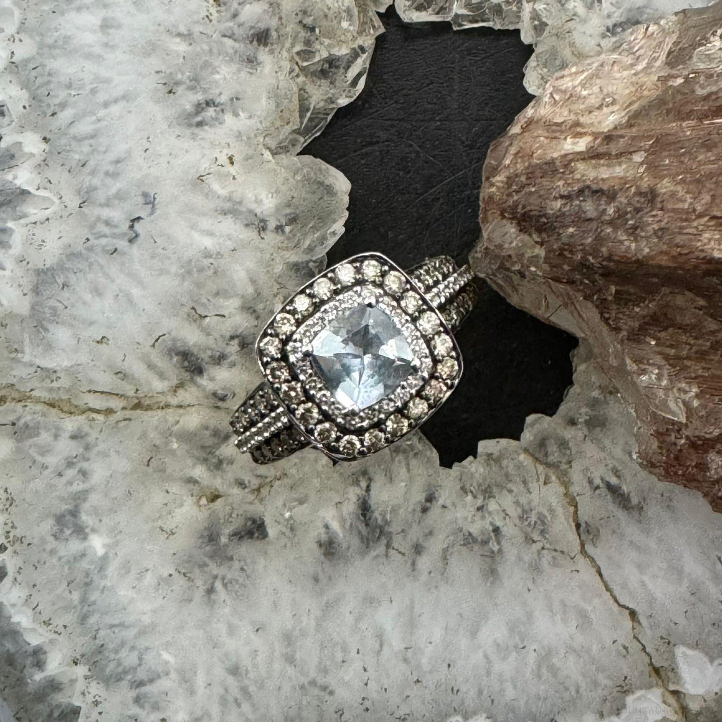 Le Vian 14K White Gold Ring with Square Aquamarine Chocolate & White Diamonds