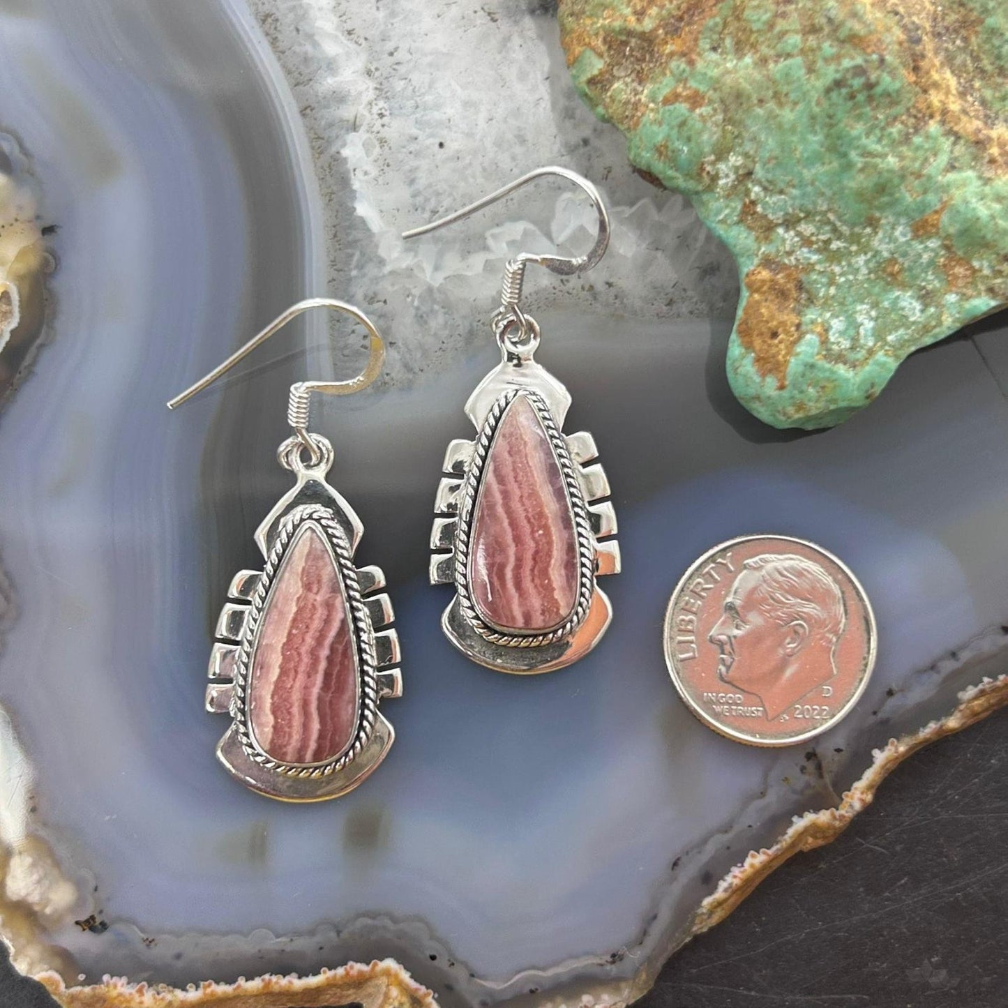 Sterling Silver Southwestern Style Teardrop Rhodochrosite Dangle Earrings For Women